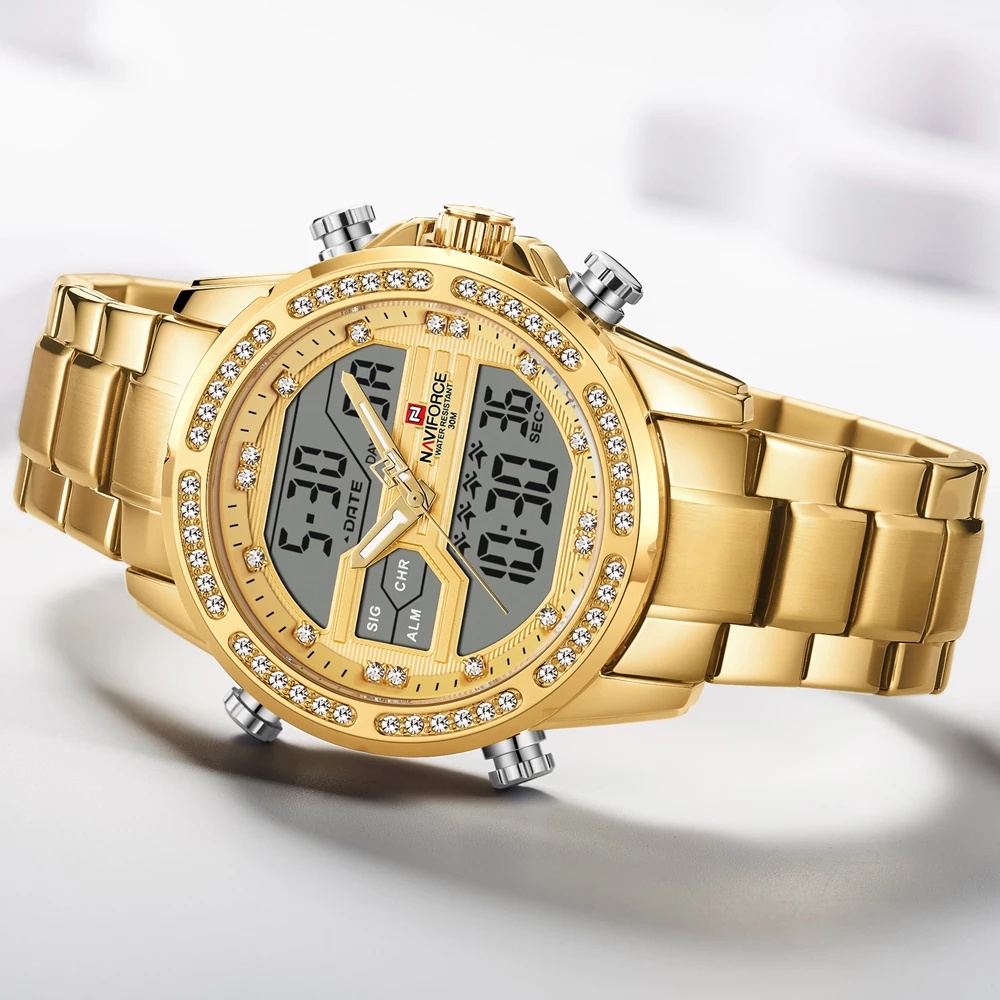 Naviforce Đồng Hồ Quartz Điện Tử Đính Pha Lê Hai Mặt Chất Liệu Thép Không Gỉ Chống Thấm Nước