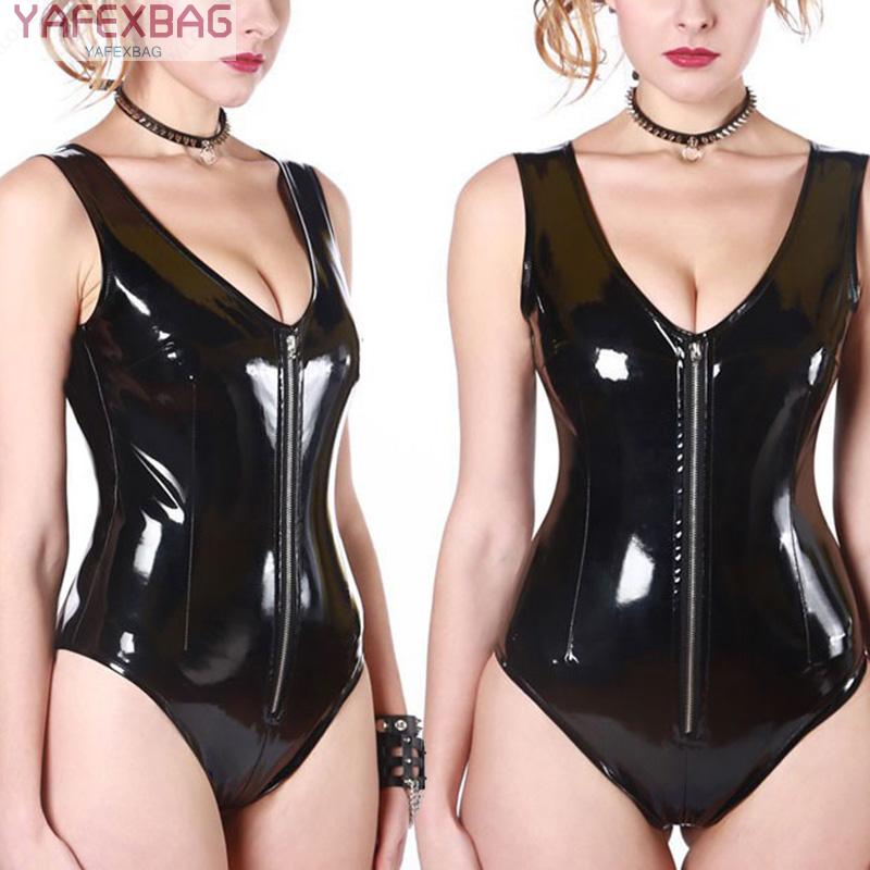 Women Bodysuit Lingerie Jumpsuit Tight Latex Leather Zipper Romper Women Latex PU Leather Clubwear Womens V Neck | BigBuy360 - bigbuy360.vn