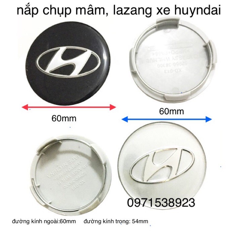 4 chiếc logo chụp mâm bánh xe ô tô Hyundai HY-60 Kích thước 60mm: Màu Đen và Bạc 52960-38300