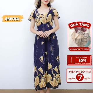 Đầm trung niên maxi đi biển hoa lanh thái cao cấp AMYRA - Váy maxi hoa đi biển cho mẹ mặc vào mùa hè thoáng mát Va072