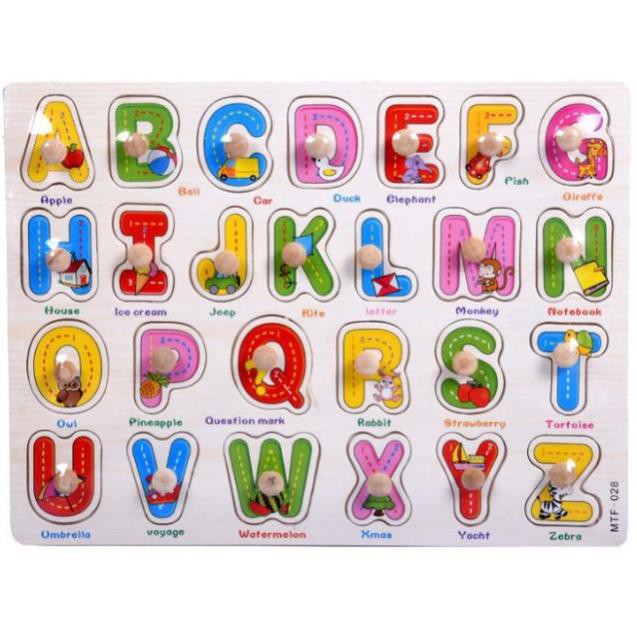 Bộ bảng chữ cái và số có núm cầm bằng gỗ cho bé- Babibo Kids
