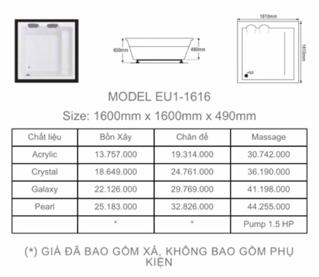 BỒN TẮM EUROCA ĐÔI - MODEL EU1 - 1616 - BẢO HÀNH 3 NĂM