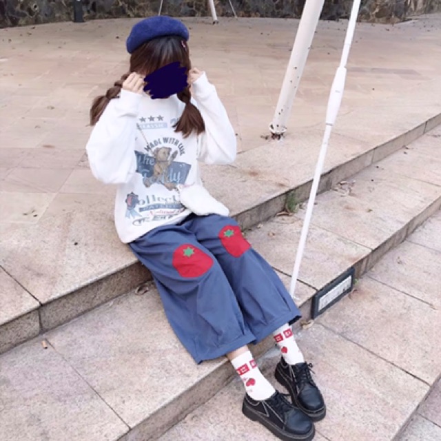 [SẴN] Quần cạp cao ống rộng cà chua phong cách ulzzang siêu kute học sinh quần vá gối hình chuối đào gấu trai tim hoa
