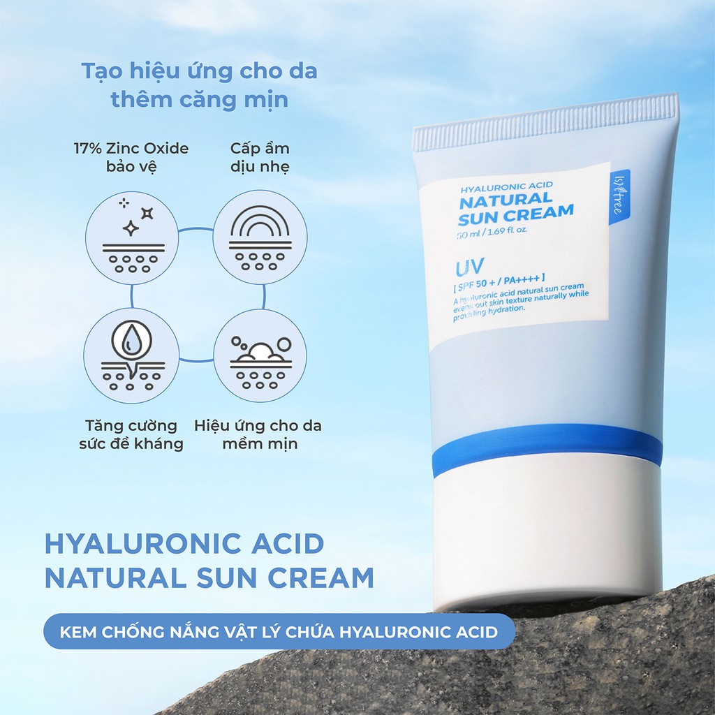 [Mã BMBAU50 giảm 50K đơn 150K] Kem chống nắng vật lý ISNTREE Hyaluronic Acid Natural Sun Cream 50ml