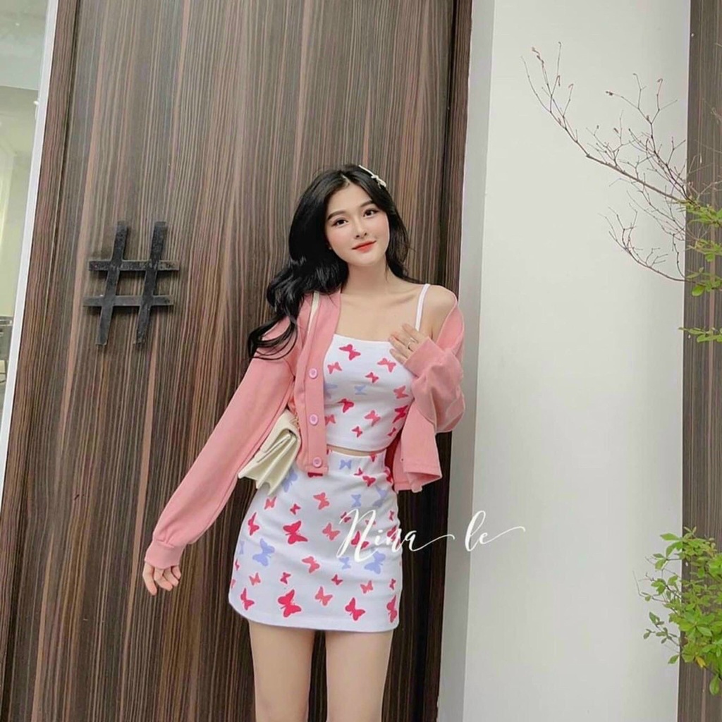 Set đồ nữ bộ 3 món áo 2 dây coptop + váy ngắn kèm áo khoác ngoài tay dài in bướm