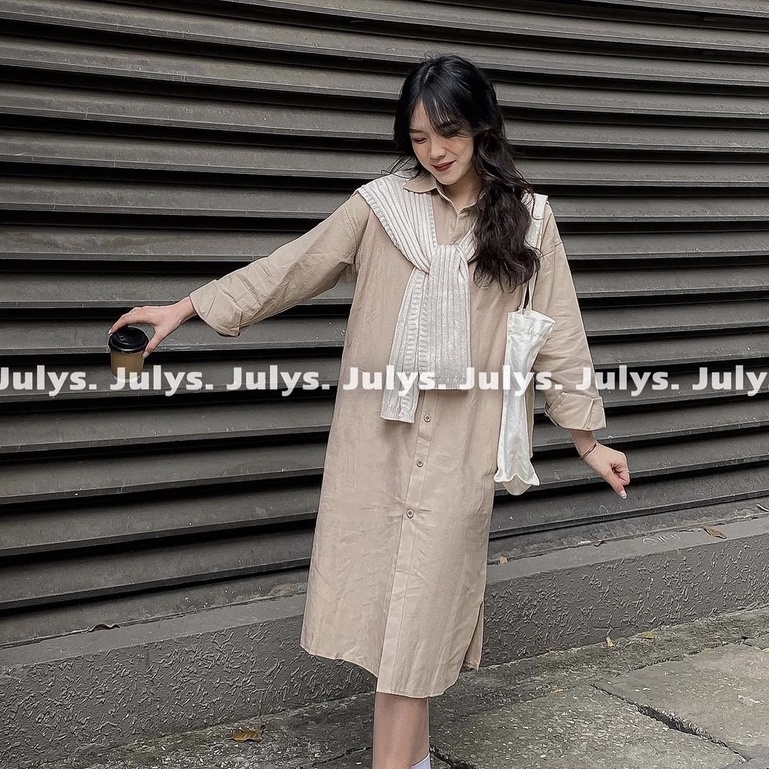 Váy Sơ Mi Họa Tiết Kẻ Sọc Xẻ Tà - Váy Form Suông - Titto Closet