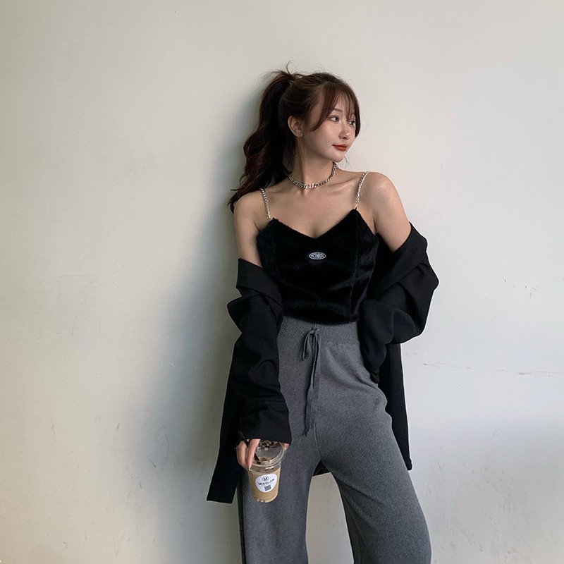 Cocory vn Áo croptop không tay dáng ôm phối lông phong cách quyến rũ cho nữ