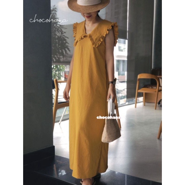 Chocohana Váy đầm màu vàng, form rộng, phong cách Hàn Quốc