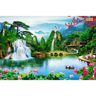 Tranh 3D cảnh thác nước KT ngang 1.25m*0.8m có keo sẵn