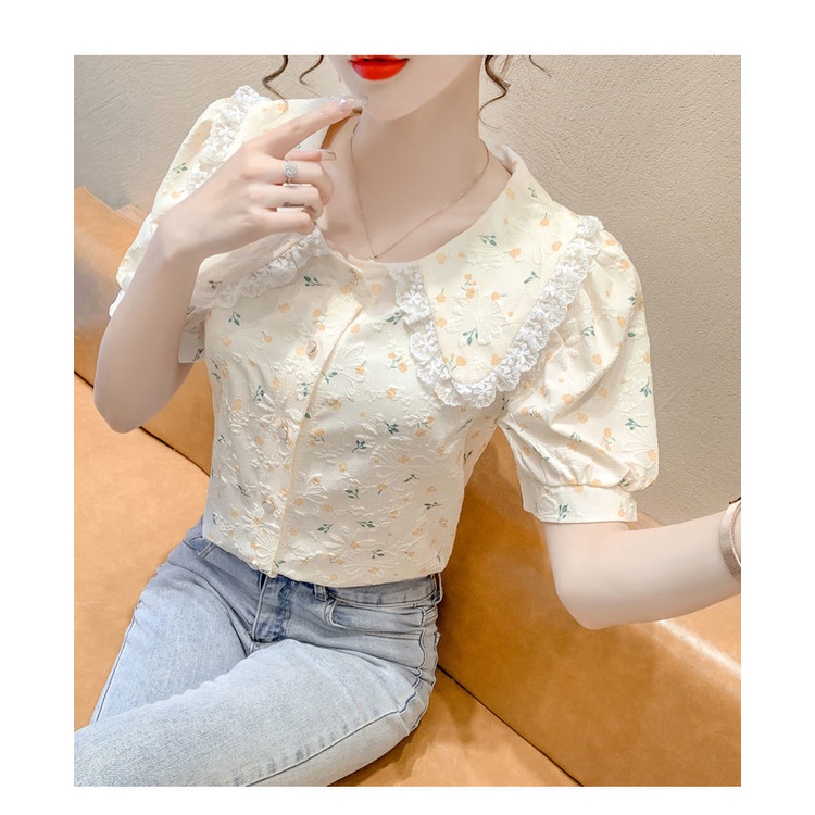 Áo Sơ Mi Tay Ngắn Phồng Cổ Búp Bê In Họa Tiết Hoa Phong Cách Pháp Thời Trang Dành Cho Nữ
