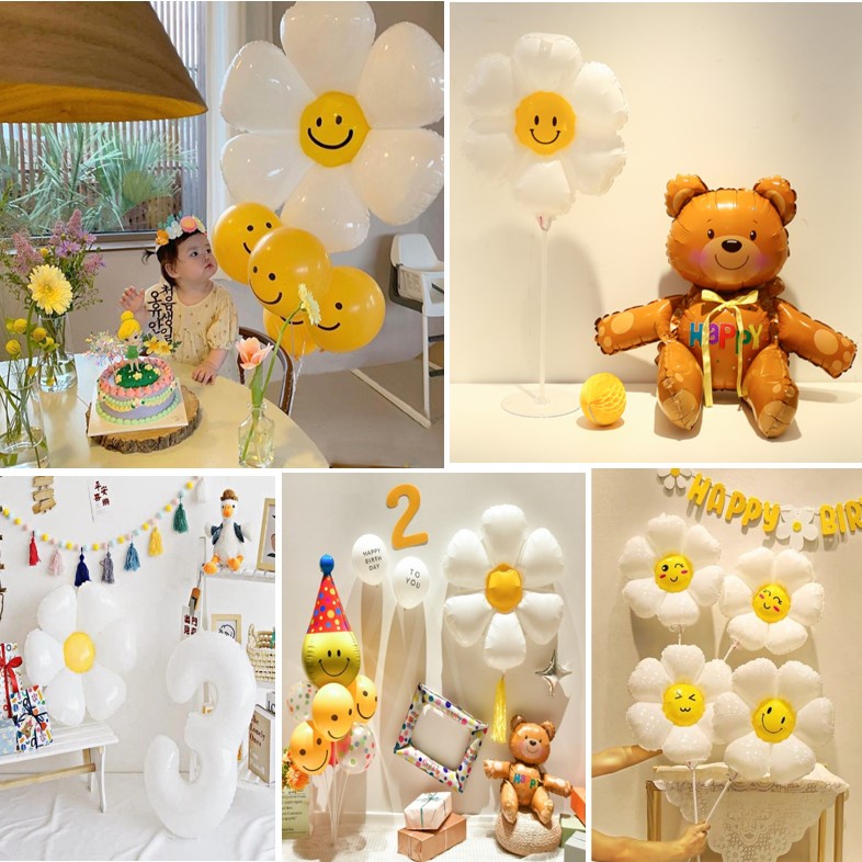 Bóng Bóng hoa cúc trắng, Gấu Teddy 4d, Bông Hoa Mặt Cười, kẹo xoắn, bóng cao su mặt cười trang trí sinh nhật Hàn Quốc