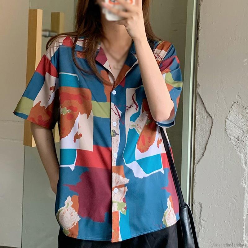 Korean Style Geometric Print Loose Casual Chiffon Shirt