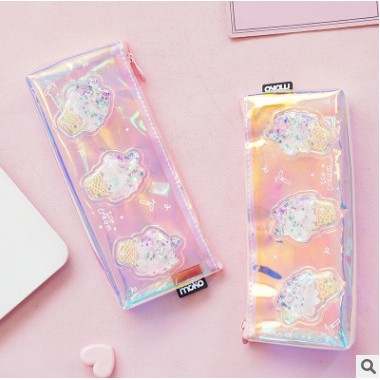 Hộp bút kim tuyến sticker kem ngựa thần Hb186 bóp viết hologram trăng sao hoa tim vương miện cute dễ thương