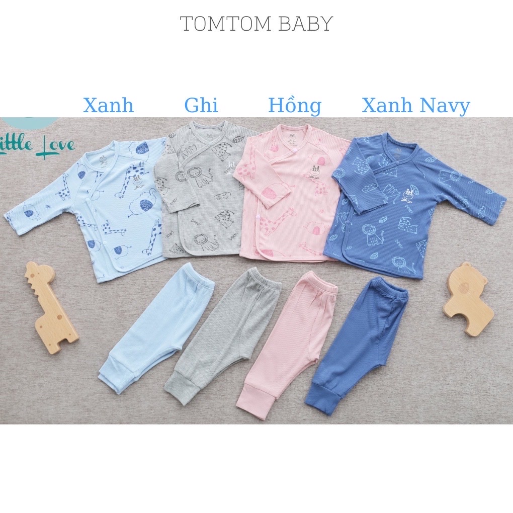 Lillte Love - Bộ cài lệch dài tay vải tăm in tràn cho bé trai, bé gái từ sơ sinh đến 6 tháng ( Size 0.3M tặng kèm phụ ki