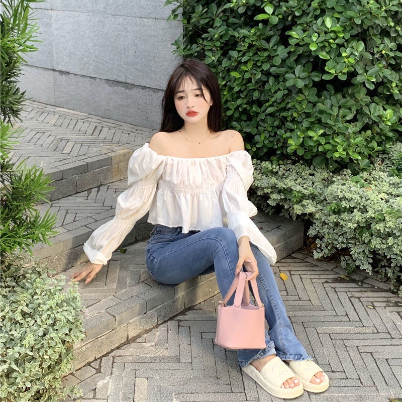 Áo kiểu COZOKC dài tay trễ vai phối bèo thời trang quyến rũ cho nữ