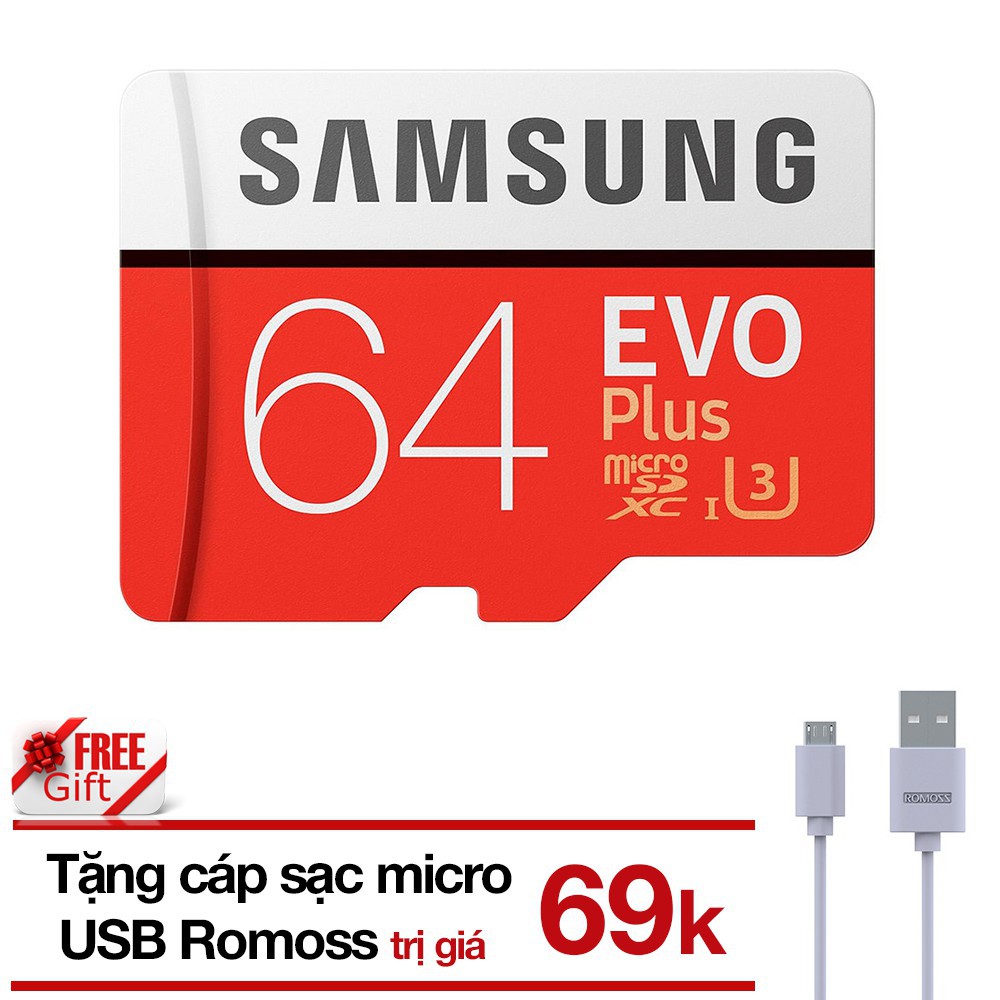 (Tặng cáp ) Thẻ nhớ 64Gb microSD Samsung Evo Plus 100MB/s U3 C10 Adapter tặng Cáp micro USB tròn Romoss - Chính hãng