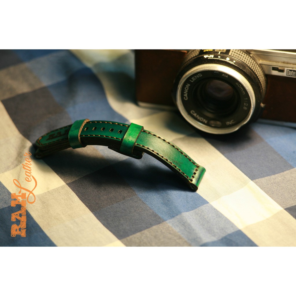 Dây đồng hồ da bò italia vegtan vẽ thủ công màu xanh lục RAM Leather handmade cực chất - tặng khóa chốt và cây thay dây