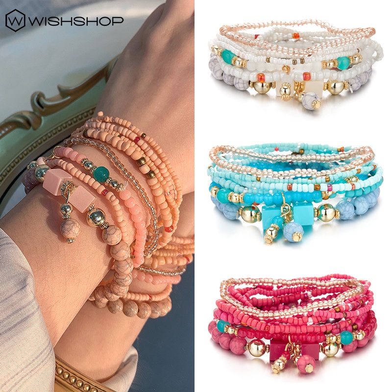 Set 8 Vòng Tay Chuỗi Hạt Đá Nhiều Màu Phong Cách Bohemia Thời Trang Cho Nữ