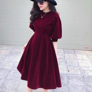 Đầm nhung cao cấp tay phồng dáng xoè (có hình thật)