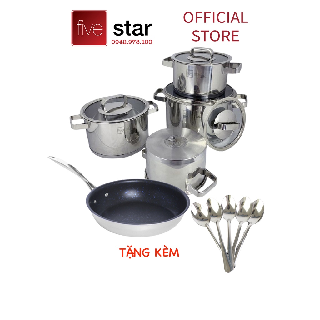 Bộ nồi và chảo chống dính vân đá inox 304 cao cấp Fivestar Plush 5 món nắp kính , tặng 10 muỗng ăn