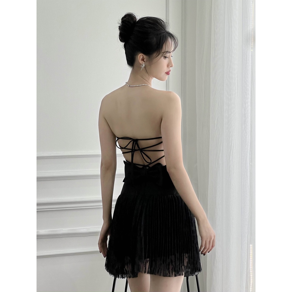 Đầm ren đi dự tiệc cưới thiết kế cúp ngực, dáng xòe, đan dây lưng sang chảnh