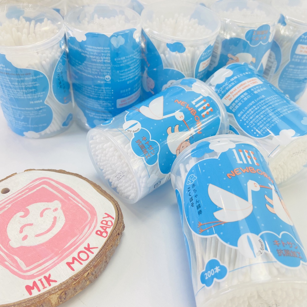 Tăm bông sơ sinh Life Newborn, tăm bông kháng khuẩn đầu tăm siêu nhỏ, thân giấy an toàn cho bé hộp 200 que