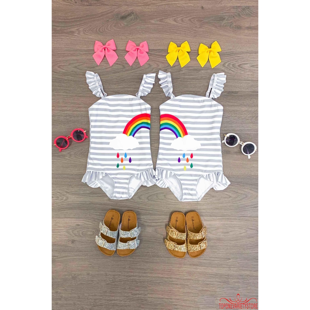 Bộ bikini liền thân họa tiết sọc ngang màu sắc cầu vồng dành cho bé