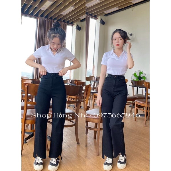 Set baggy jeans đen rách gấu + croptop petter trắng