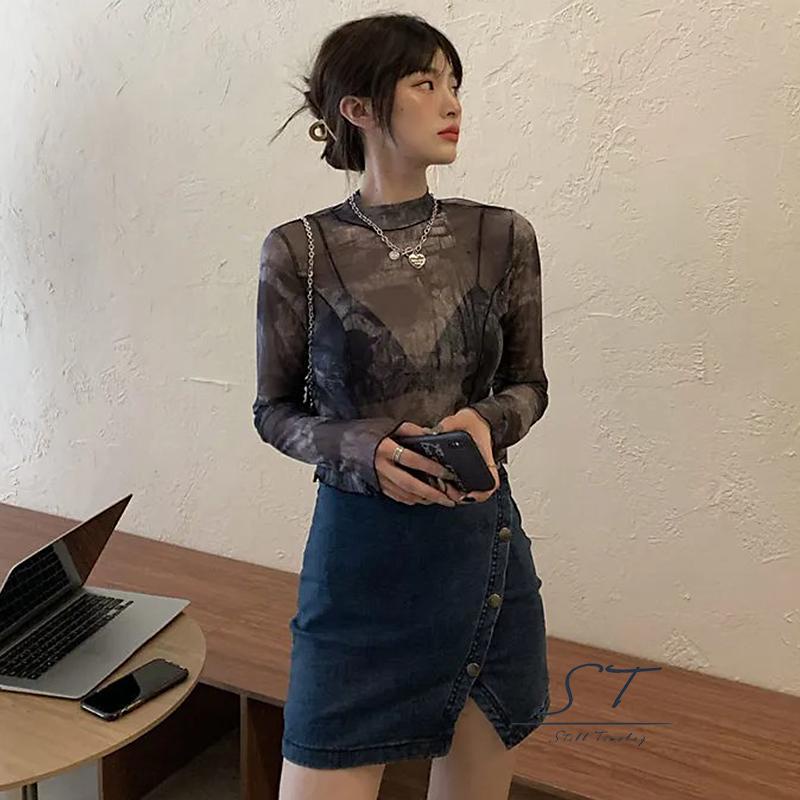 Áo Crop Top Tay Dài Phối Lưới Xuyên Thấu In Họa Tiết Trừu Tượng Thời Trang Cho Nữ