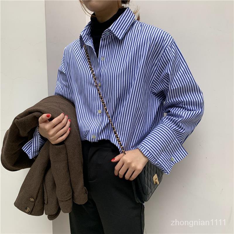 Áo Sơ Mi Cotton Kẻ Sọc Thời Trang Xuân Thu Phong Cách Hàn Quốc Cho Nữ