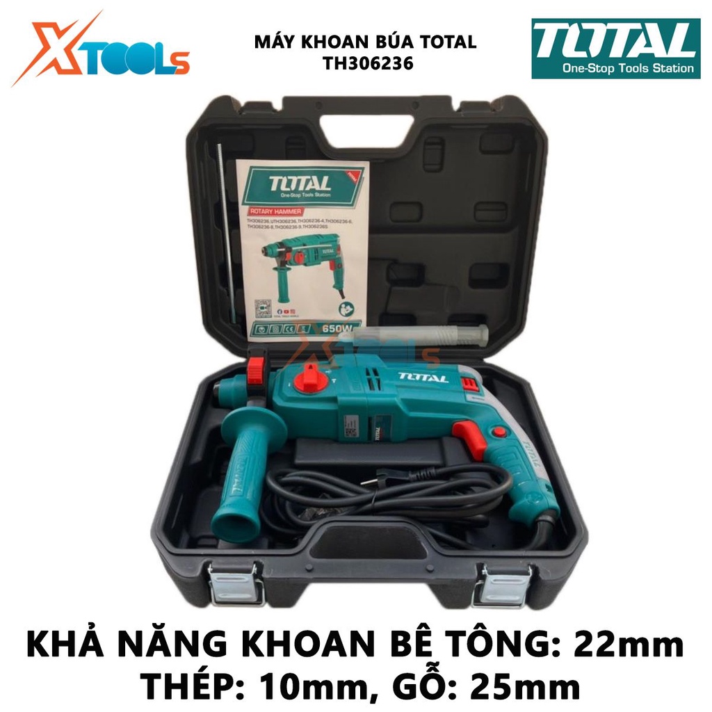 &quot;Máy khoan búa cầm tay 3 chức năng 650w TOTAL TH306236 đầu gài sds plus, tốc độ 1700v/p, tốc độ búa 5500bpm. Lực búa 1.7