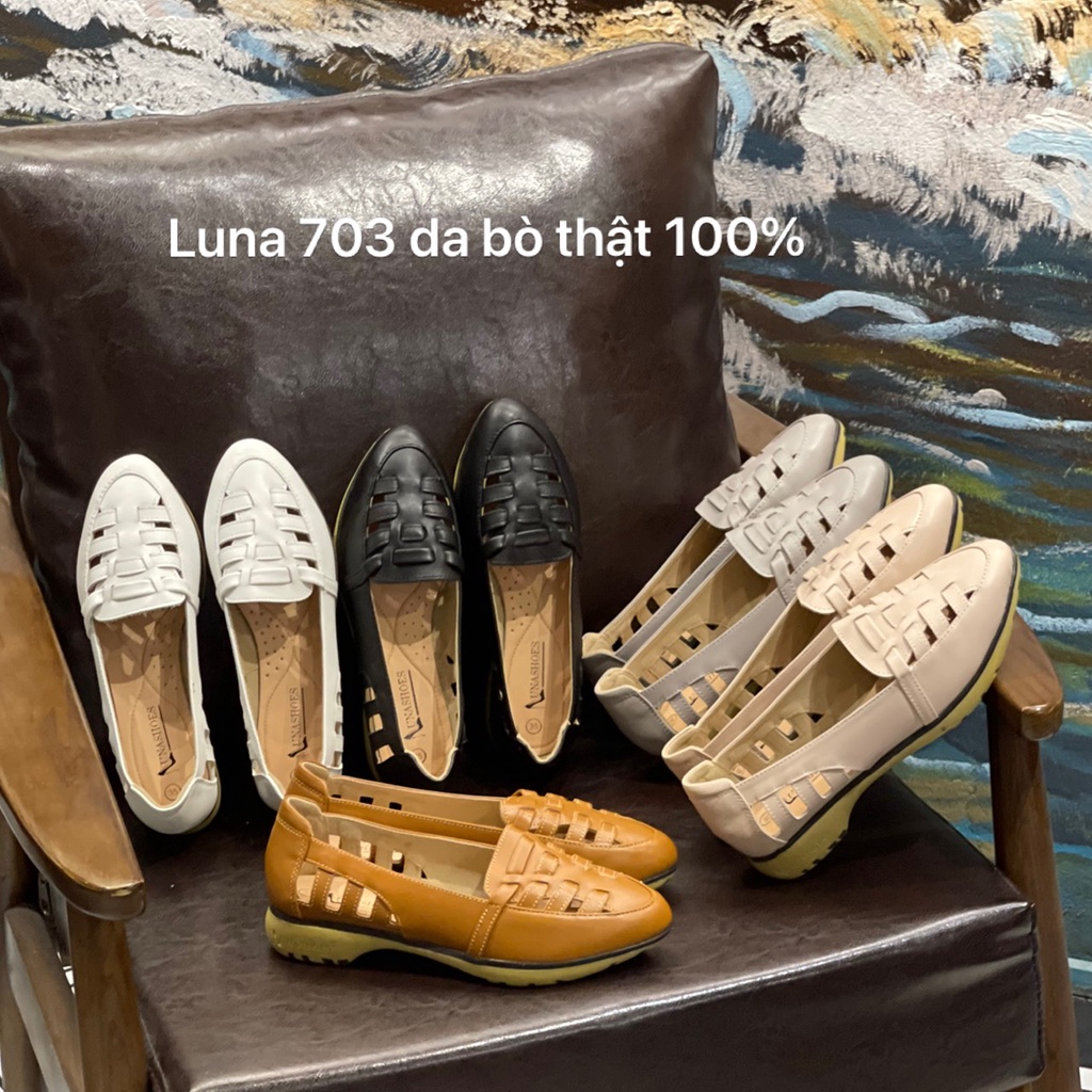 Giày slip on nữ, giày da bò thật nữ bảo hành 2 năm 1 đổi 1 LUNASHOES 703 giày trung niên đi êm chân dễ phối đồ