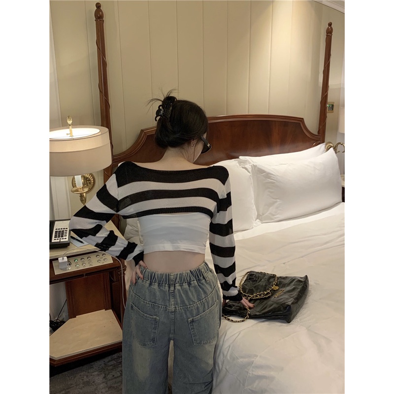 Áo khoác cardigan ZHELIHANGFEI dệt kim tay dài chống nắng họa tiết kẻ sọc thời trang quyến rũ