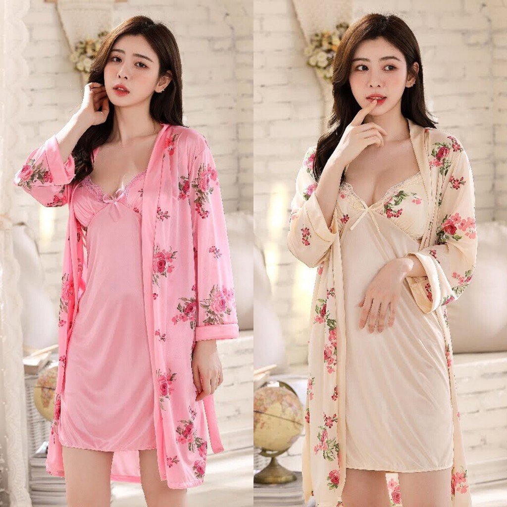 Đồ ngủ vải lụa Kimono Sexy + kèm áo khoác | BigBuy360 - bigbuy360.vn