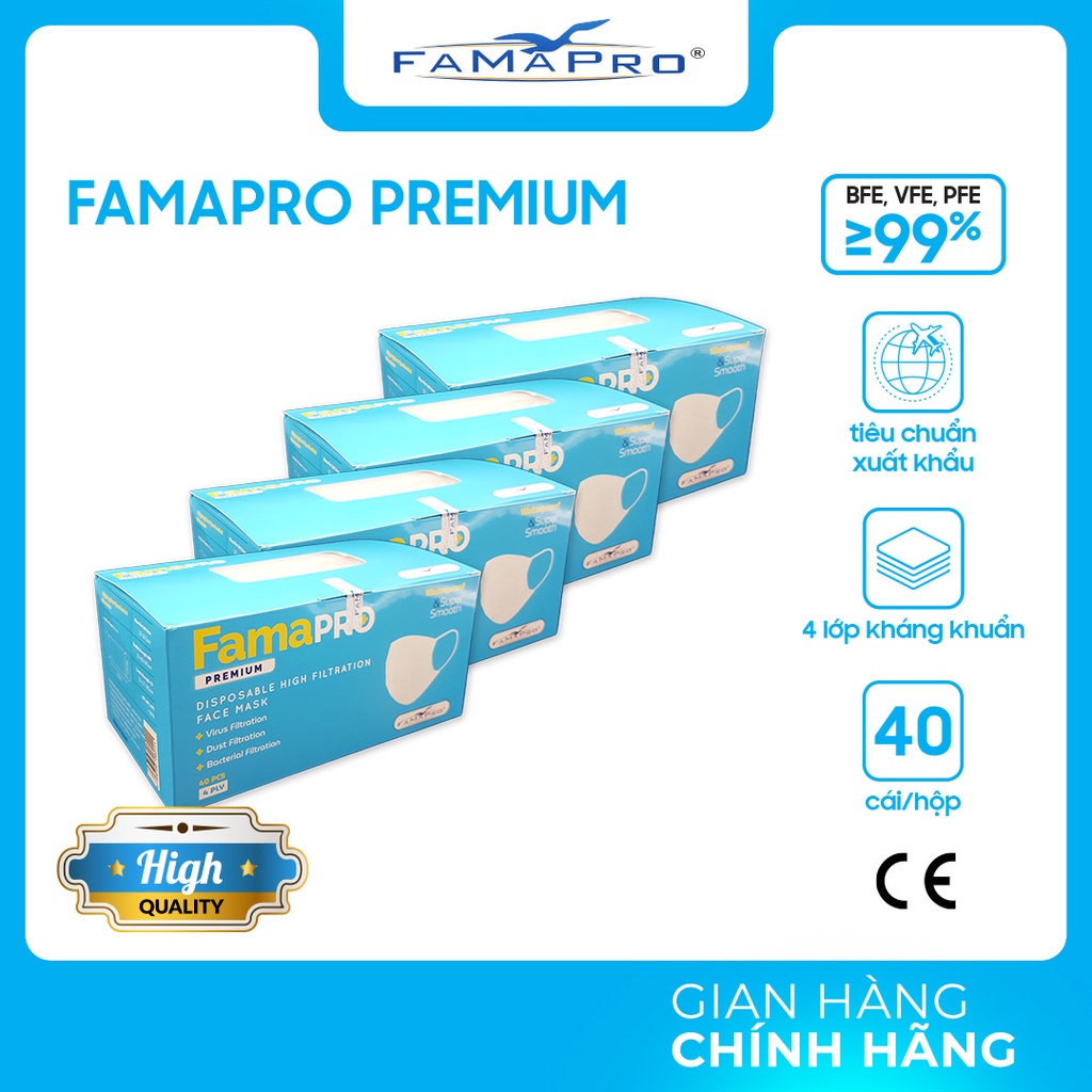[PREMIUM- COMBO 4- HỘP 40 CÁI] Khẩu trang y tế cao cấp 4 lớp kháng khuẩn Famapro Premium