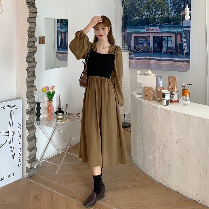Đầm dáng dài cổ vuông thiết kế mới phong cách retro Pháp thời trang xuân thu 2021