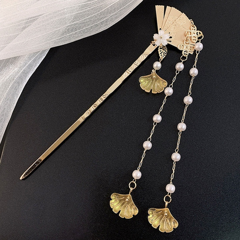 Trâm Cài Tóc Hình Quạt Đính Ngọc Trai Màu Sắc Vàng Đồng Phong Cách Cổ Điển Cho Nữ