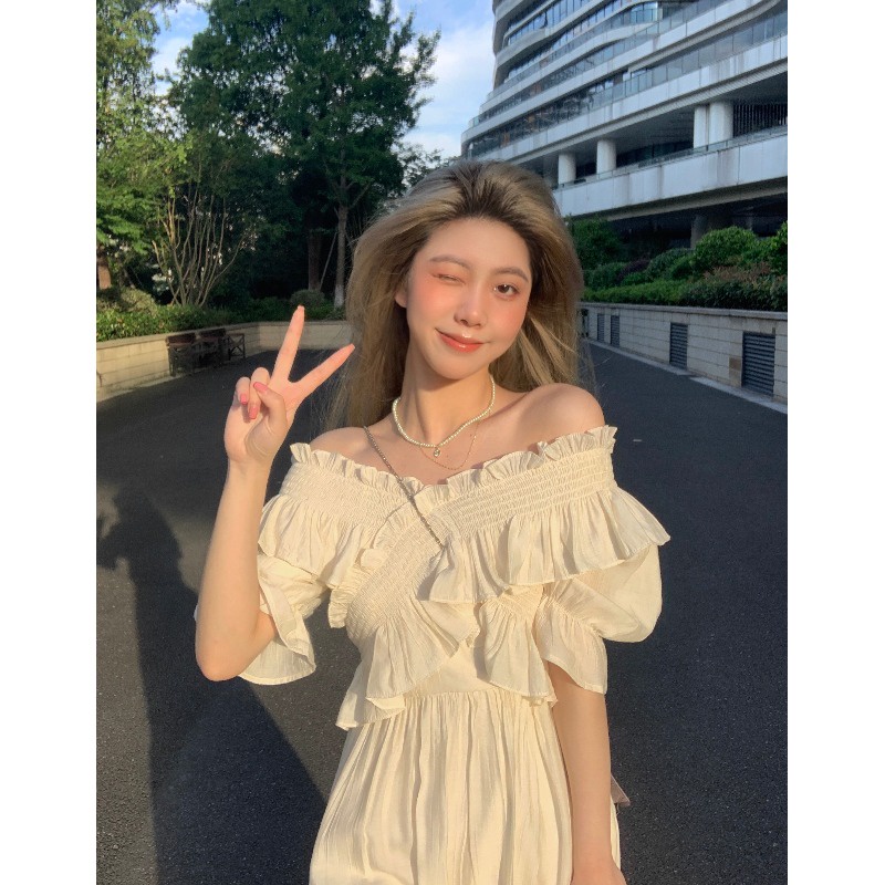 Jane Váy trễ vai mùa hè Phiên bản Hàn Quốc của phong cách retro cổ điển Hepburn