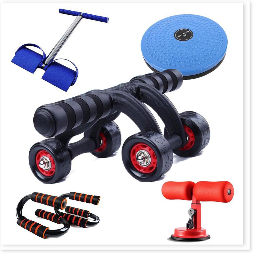 Con lăn dụng cụ máy lăng tập cơ bụng 4 bánh đa năng cỡ lớn tặng kèm thảm deal sốc hít đất, tummy...