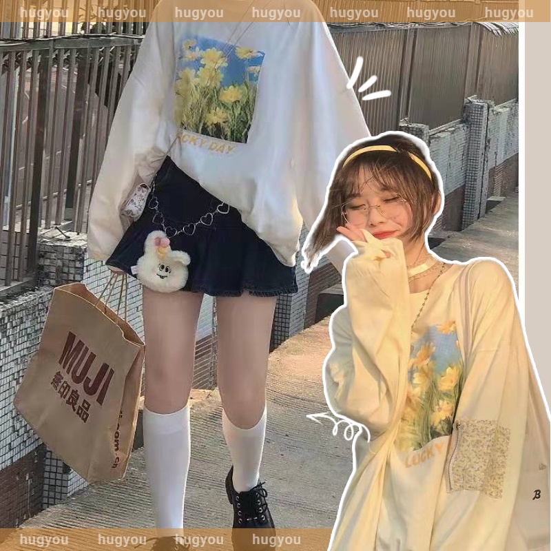 Mới Áo Thun Tay Dài Dáng Rộng In Hình Tranh Sơn Dầu Độc Đáo Hợp Thời Trang