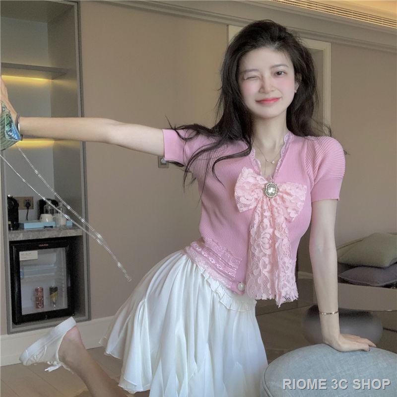 Áo Croptop Ngắn Tay Phối Nơ Đáng Yêu Cho Nữ