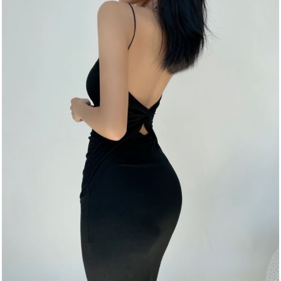 Đầm body hở lưng dài qua gối màu đen & nude HDT260 Hỉn Hỉn Store