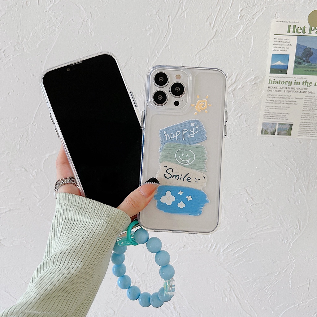 Ốp Điện Thoại Tpu Silicon Mềm Trong Suốt Hình Mặt Cười Đơn Giản Có Dây Đeo Ngọc Trai Cho iPhone 11 12 13 14 Pro XS Max XR