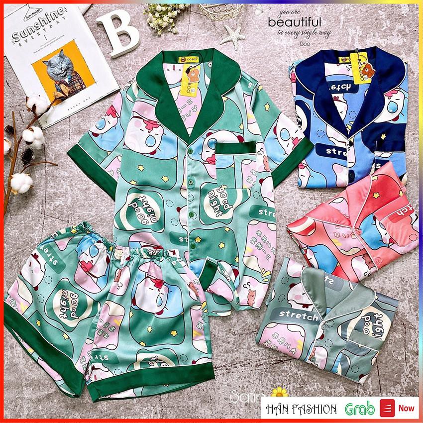 Bộ Ngủ Pijama Nữ Lụa Satin Cao Cấp Tay Ngắn, Quần Đùi - Đồ Ngủ Nữ Họa Tiết Dễ Thương Nhiều Màu Sắc Đẹp Hân