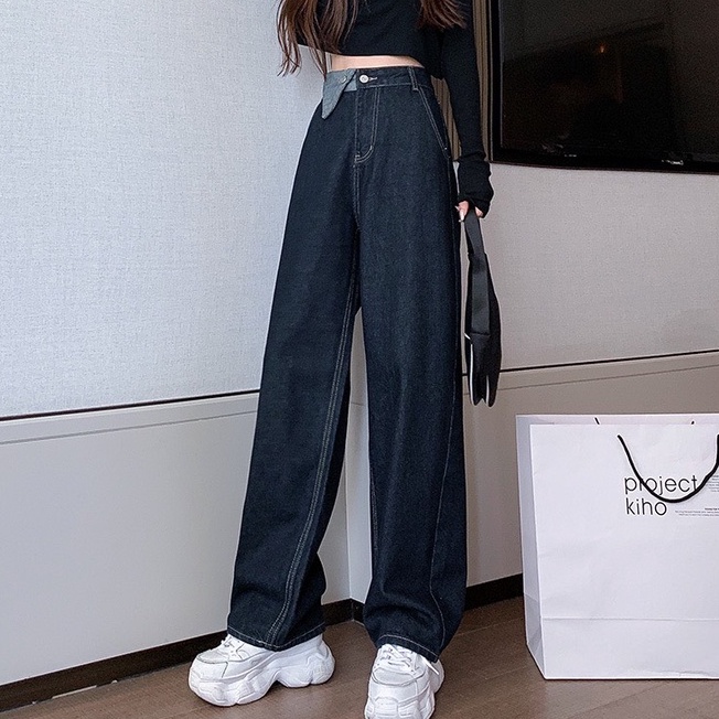 Quần Jeans dài cạp cao, quần jeans dài ống rộng phong cách Hàn Quốc_j17