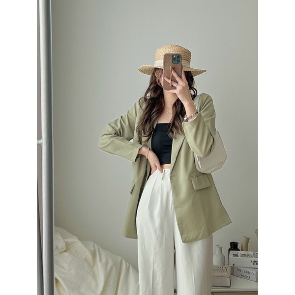 [ẢNH THẬT]Áo blazer màu xanh bơ Tay sang chảnh trơn Khoác Dạ Dáng Dài - dáng suông rộng trượt vạt bầu dáng rộng- áo khoá