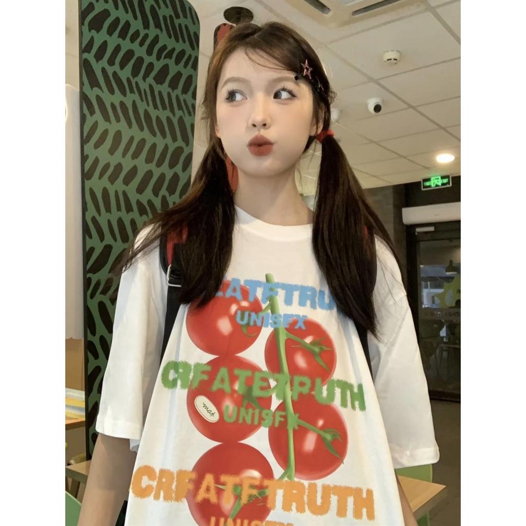 「 WELOVE1 」Áo Thun Cotton Tay Ngắn Cổ Tròn In Hình Quả Cà Chua Phong Cách Hàn Quốc Thời Trang Mùa Hè Hàng Mới Dành Cho Bạn Nữ