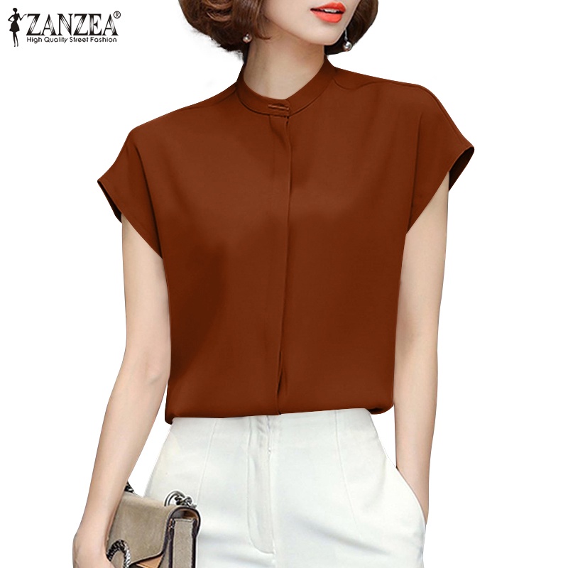 Áo sơ mi Zanzea tay ngắn dáng rộng màu trơn cài nút thanh lịch cho nữ