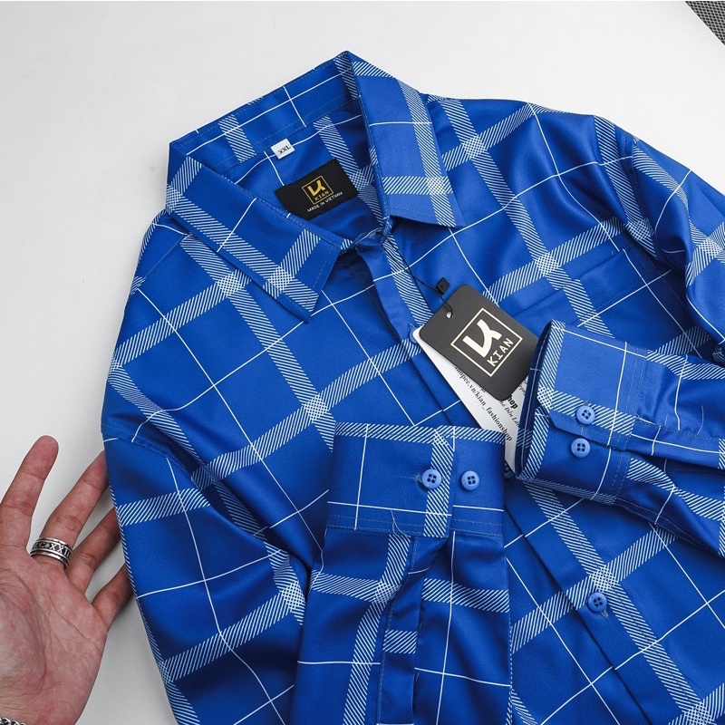 Áo sơ mi nam co giãn mẫu caro dài tay có túi màu xanh Bigsize < 130kg