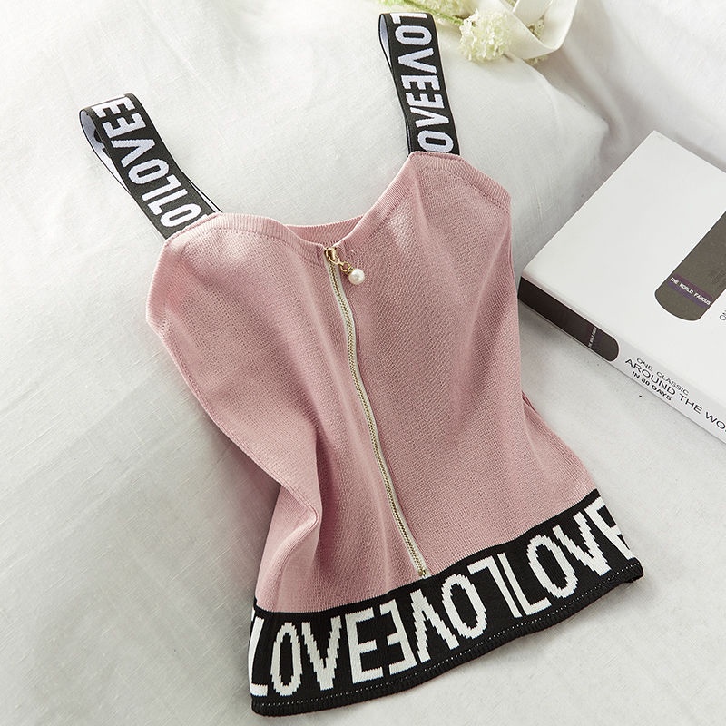 Áo Tank Top Dệt Kim Ôm Dáng Phối Khóa Kéo Đính Ngọc Trai Gợi Cảm Cho Nữ